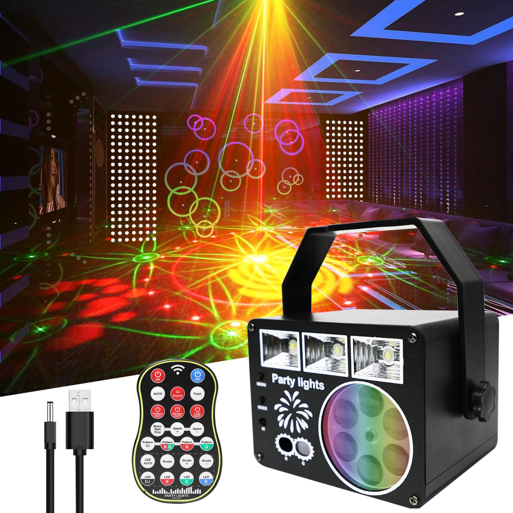 DJ Strobe Light with Remote Control - 3-in-1 Mixed Effect Stage Lighting for Parties, Sound Activated LED Pattern Lights - Perfect for Disco, Wedding, Birthday & Club Events
