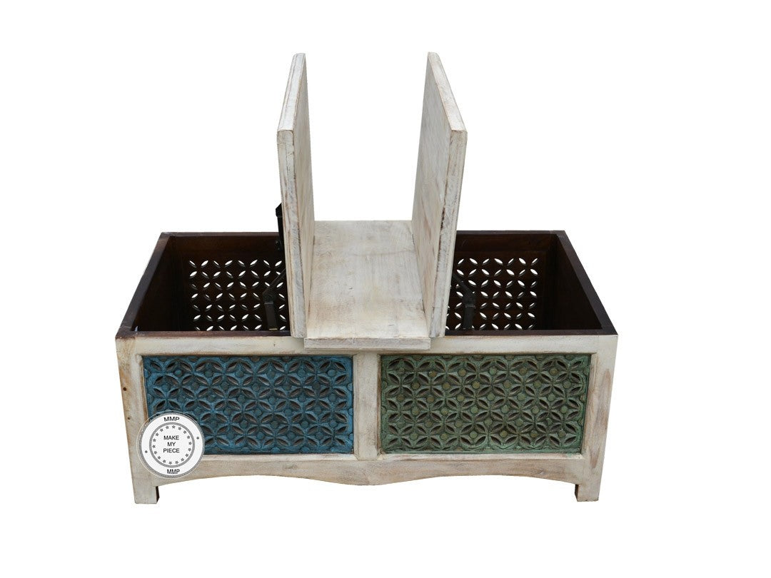 Hand Carved Indian Solid Wood Jali Chest Box with Side Table - Whitewashed Storage for Jewelry, Blankets & Home Decor - Perfect for Bedroom, Living Room & Boho Style Decor
