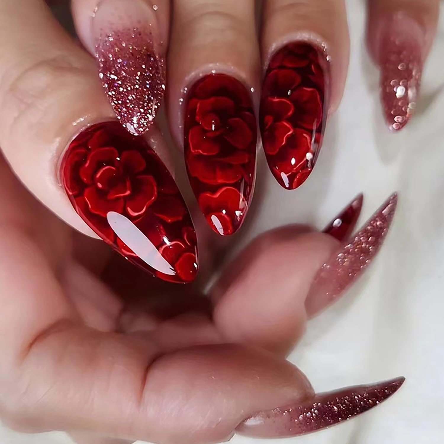24Pcs Short Almond Press on Nails - Red Glitter Sequins Flower Design with Glue - Full Cover Acrylic Fake Nails for Women - Perfect for Parties, Weddings & Everyday Manicure Decorations
