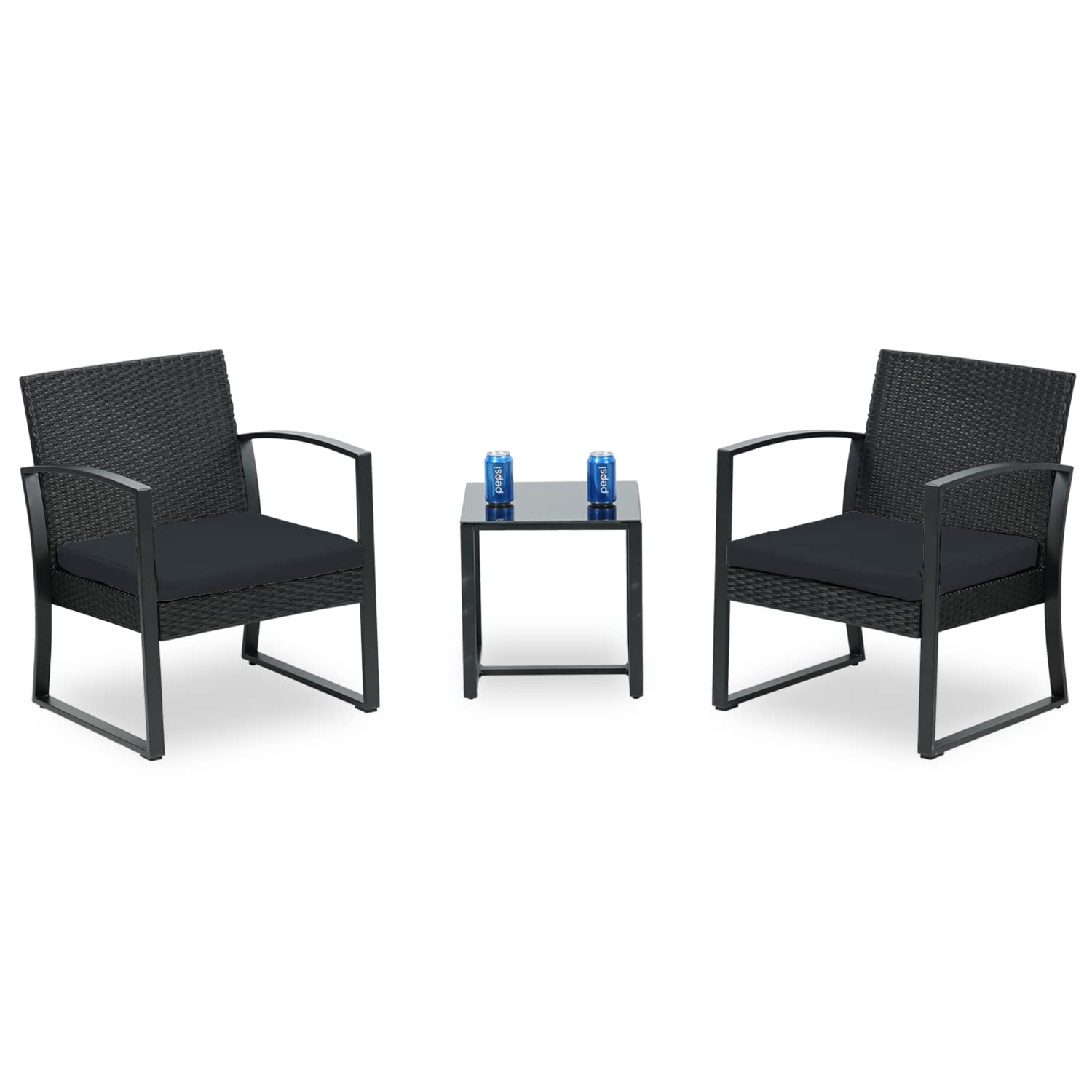 BPS 3-Piece Patio Furniture Set - Outdoor Rattan Wicker Chairs with Glass Table & Cushions - Garden, Poolside, Backyard Conversation Set for Relaxing & Entertaining