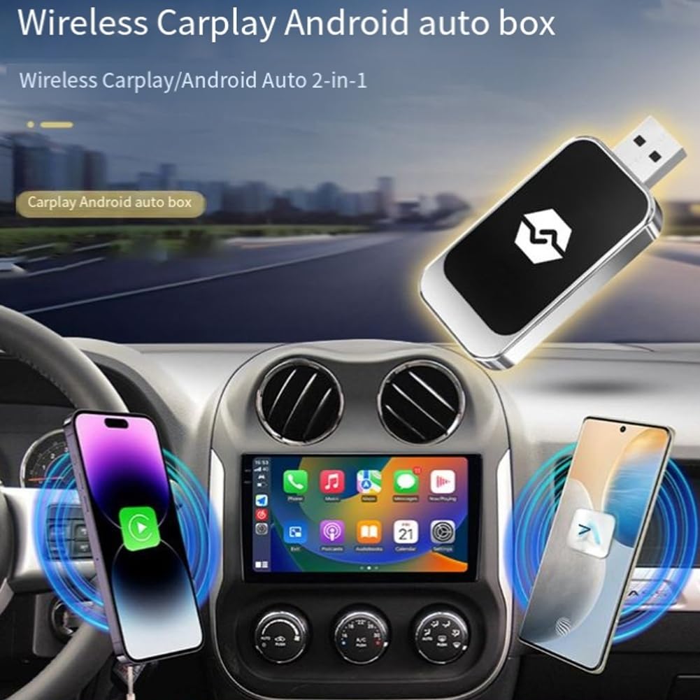 JRPCZV 2-in-1 Wireless CarPlay & Android Auto Adapter - USB Car Adapter for Wireless Apple CarPlay & Android Auto - Convert Wired to Wireless for Seamless Smartphone Connectivity - Perfect for Commuting & Road Trips