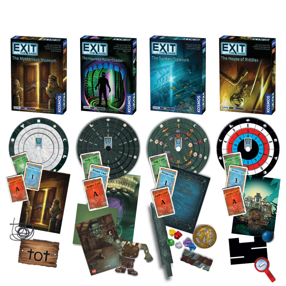 EXIT: The Game - Beginner Bundle | 4 Escape Room Adventures: The Haunted Roller Coaster, Sunken Treasure, Mysterious Museum & House of Riddles | Perfect for Family Game Nights & Team Building Activities