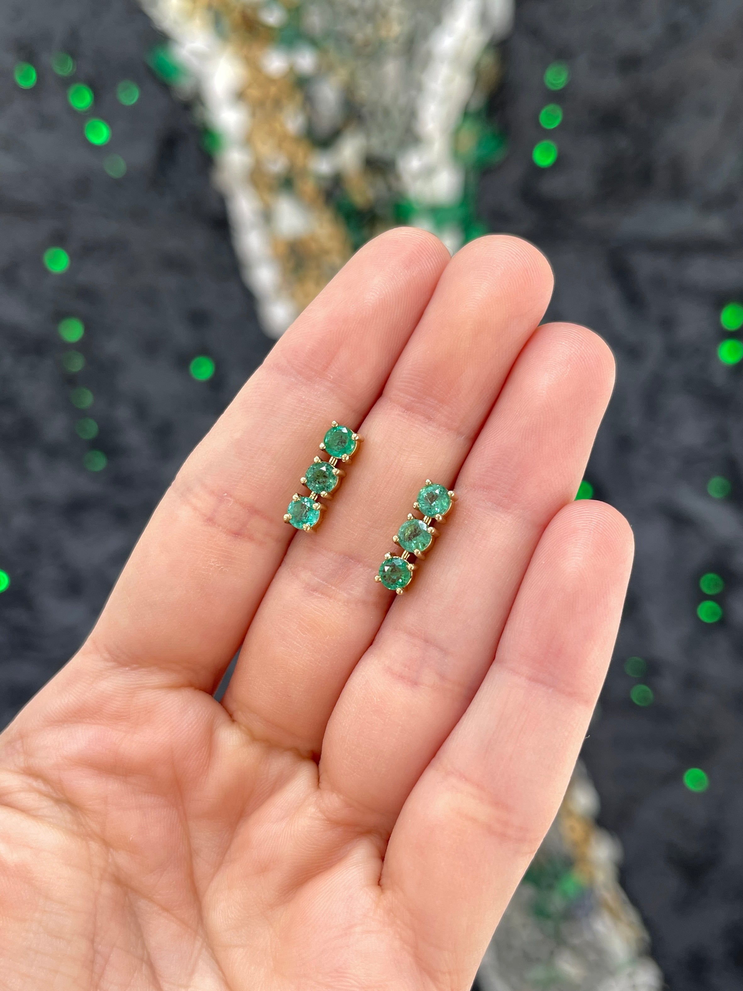 1.80TCW Natural Round Emerald Drop Earrings in 14K Yellow Gold - Lightweight Dangle Studs for Women - Perfect for Weddings, Parties & Special Occasions