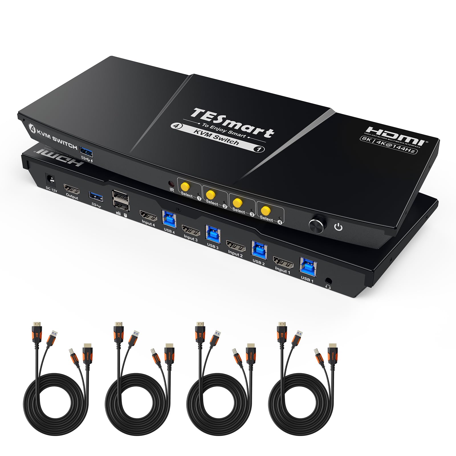TESmart 8K@60Hz 4-Port HDMI KVM Switch for 1 Monitor & 4 Computers - USB 3.0 Hub with Audio/Microphone Support, EDID Emulator, Hotkey & Remote Control - Perfect for Home Office, Gaming & Multi-Device Workstations