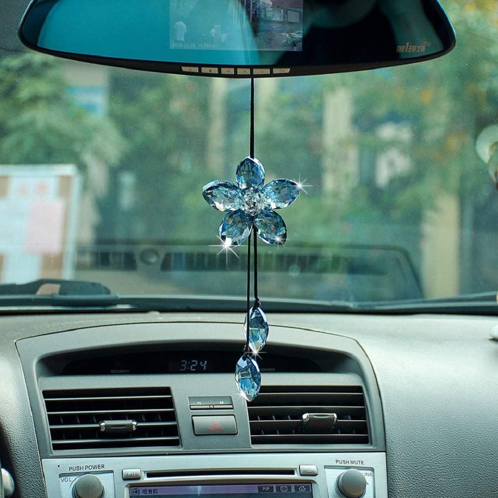 Blue Crystal Flower Car Rear View Mirror Pendant - Lucky Charm Hanging Ornament for Cars, Gifts & Decor | Enhance Your Ride with Stylish & Spiritual Accessory (Perfect for Daily Commute, Road Trips & Feng Shui)