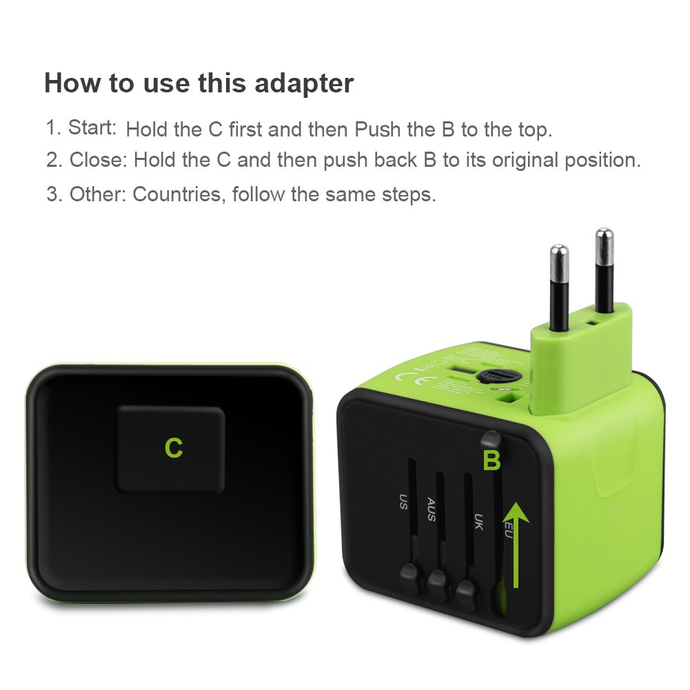Universal Travel Adapter with 2.4A Dual USB - All-in-One International Power Charger for US, UK, EU, AU & Asia (150+ Countries) - Compact Green Wall Charger for Travel, Business Trips & Vacation Essentials