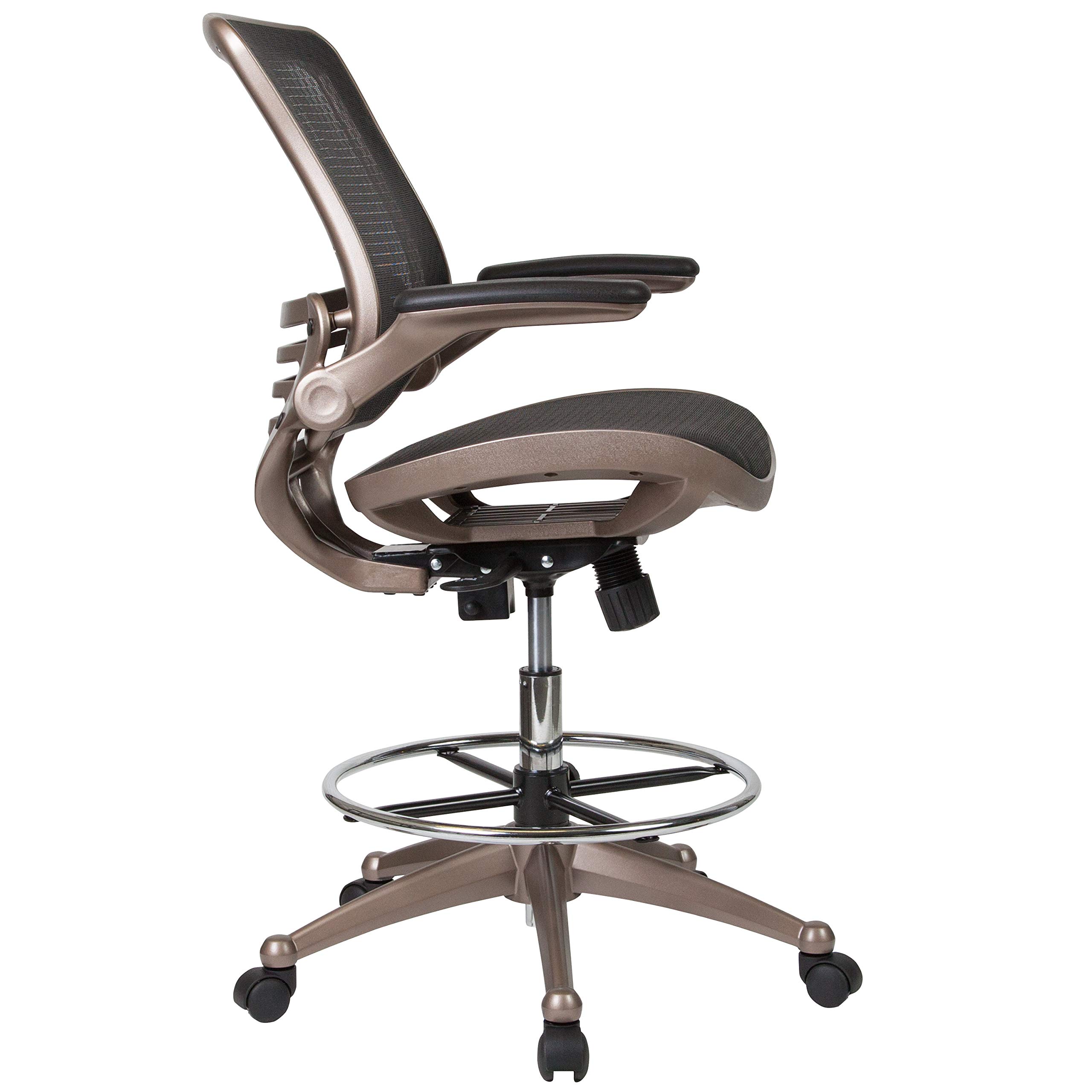 Ergonomic Mid-Back Transparent Black Mesh Office Chair with Gold Metal Frame & Flip-Up Arms - Perfect for Architects, Drafting Tables, Home Office & Gaming Setup