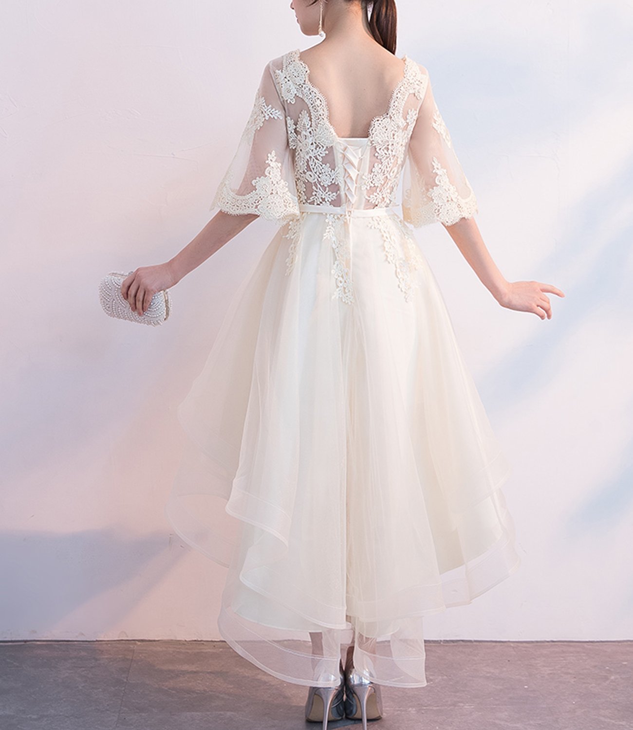 Off Shoulder Cap Sleeve Lace Corset Prom Dress for Women - Elegant Homecoming Gown with High Low Hem in Champagne (Size 6) | Perfect for Formal Dances, Weddings & Special Occasions