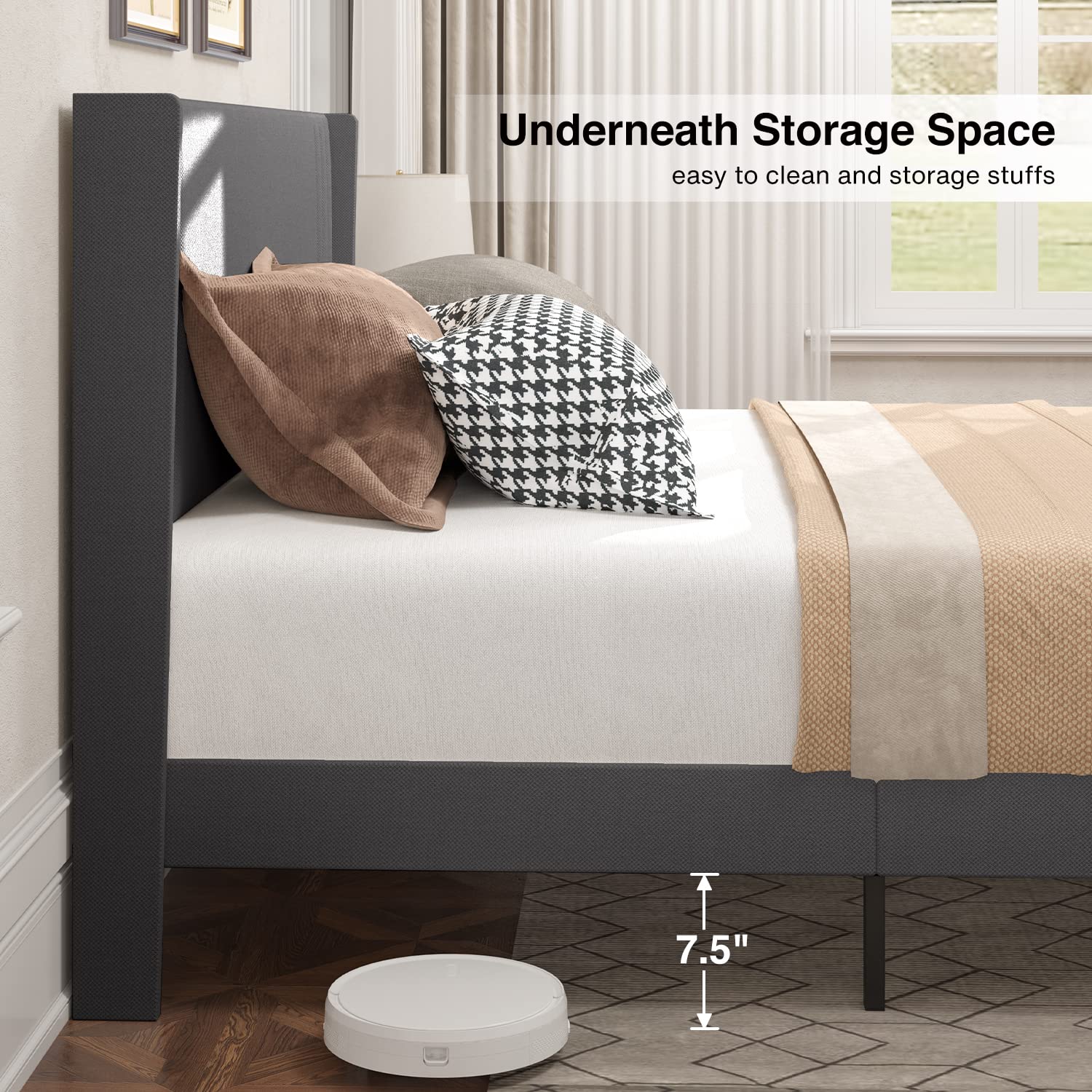 Gizoon Queen Size Bed Frame with Wingback Headboard - Upholstered Platform Bed with Modern Geometric Design, Wooden Slats Support, Noise-Free, No Box Spring Required | Perfect for Master Bedroom, Guest Room & Modern Home Decor