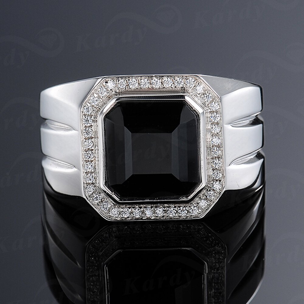 Men's Natural Black Agate & Cubic Zirconia 925 Silver White Gold Plated Engagement Ring Set - Promise Band for Wedding, Anniversary & Special Occasions