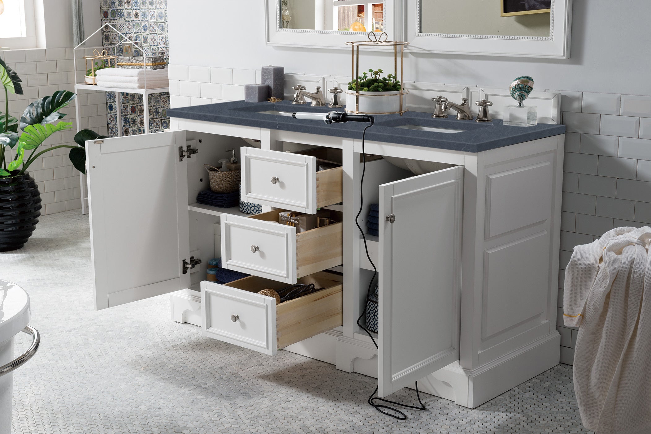 De Soto 60 Inch Double Vanity with Bright White Finish and 3CM Charcoal Soapstone Quartz Countertop - Perfect for Modern Bathroom Renovation and Master Suite Upgrade