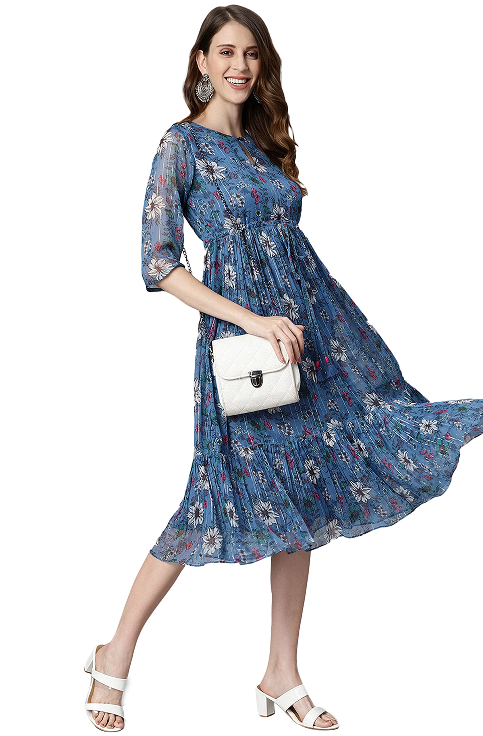 Janasya Indian Women's Blue Floral Printed Western Dress - Elegant Party Wear for Festivals, Weddings & Special Occasions