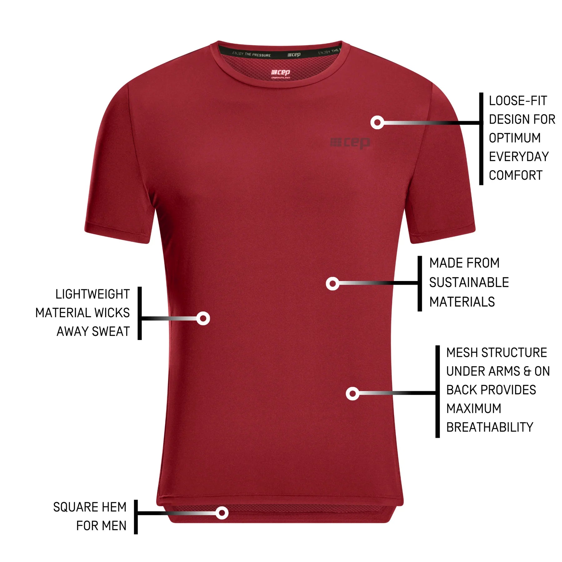 CEP Men's The Run Shirt Round Neck Short Sleeve V5 - Moisture Wicking Athletic Performance Top for Running & Gym Workouts - Dark Red