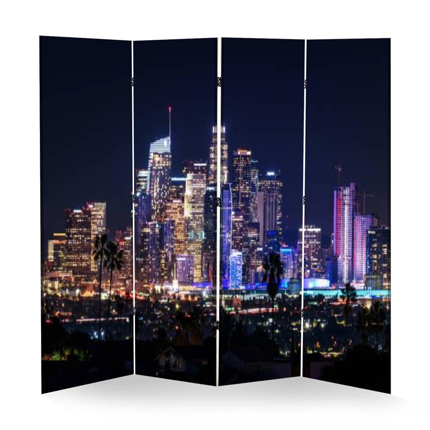 4 Panel Canvas Room Divider - Downtown Los Angeles Night Skyline Folding Privacy Screen | Portable Wall Separator & Freestanding Protective Partition for Home Office, Bedroom, and Event Spaces