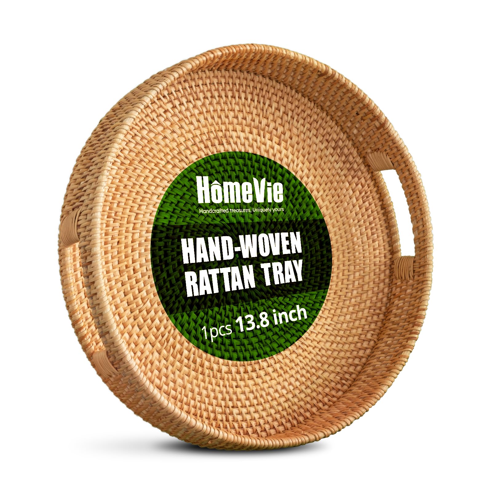 Handwoven 13.8'' Round Rattan Tray - Natural Wicker Coffee Table Tray with Handles - Ottoman Serving Tray for Living Room, Bedroom & Outdoor Use - Eco-Friendly Home Decor Accessory