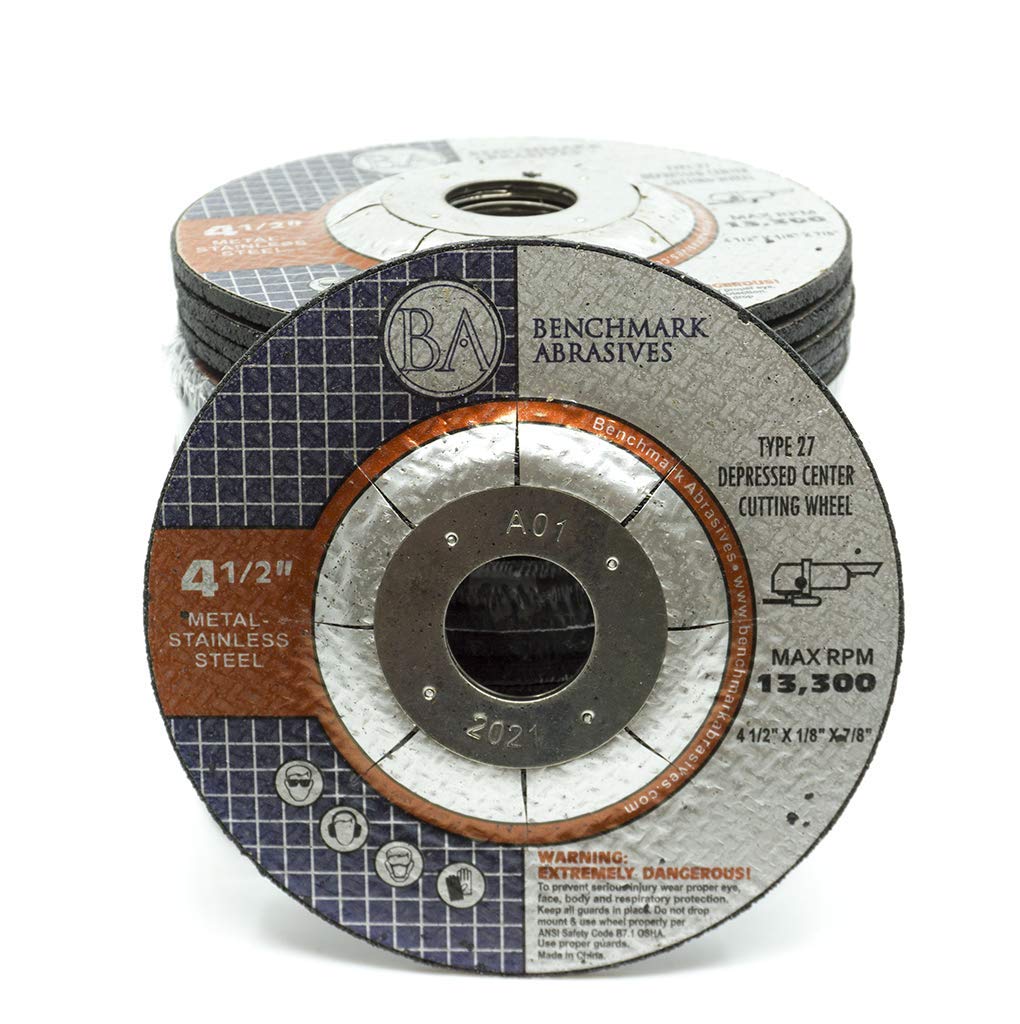 Benchmark Abrasives 4.5 Inch Thin Type 1 Angle Grinder Cut Off Wheels - 25 Pack Metal Cutting Discs with 7/8