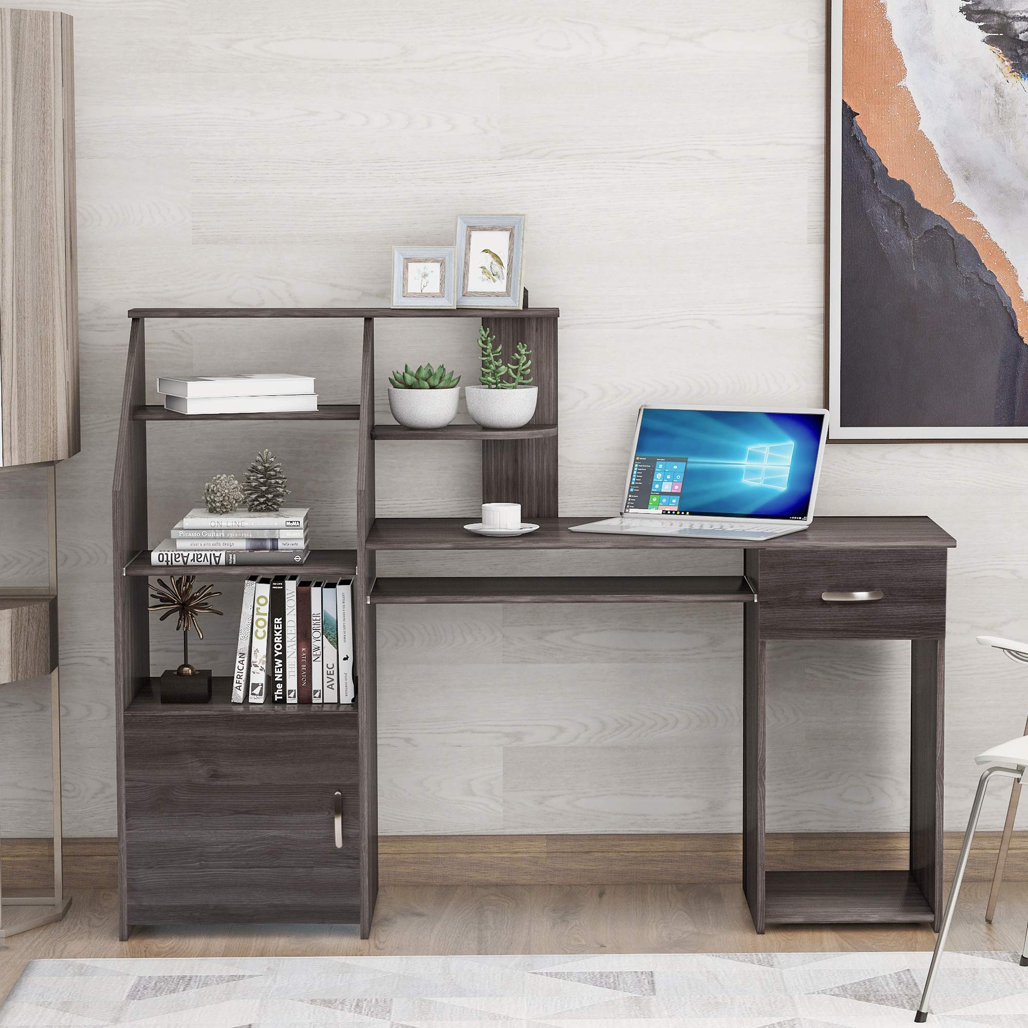 Ergonomic Computer Desk with Bookshelves & File Cabinet - Multi-Function Home Office Desk with Storage Drawer, Pull-Out Keyboard Tray - Gray Study Writing Workstation for Small Spaces | Perfect for Remote Work, Gaming Setup & Home Office Organization