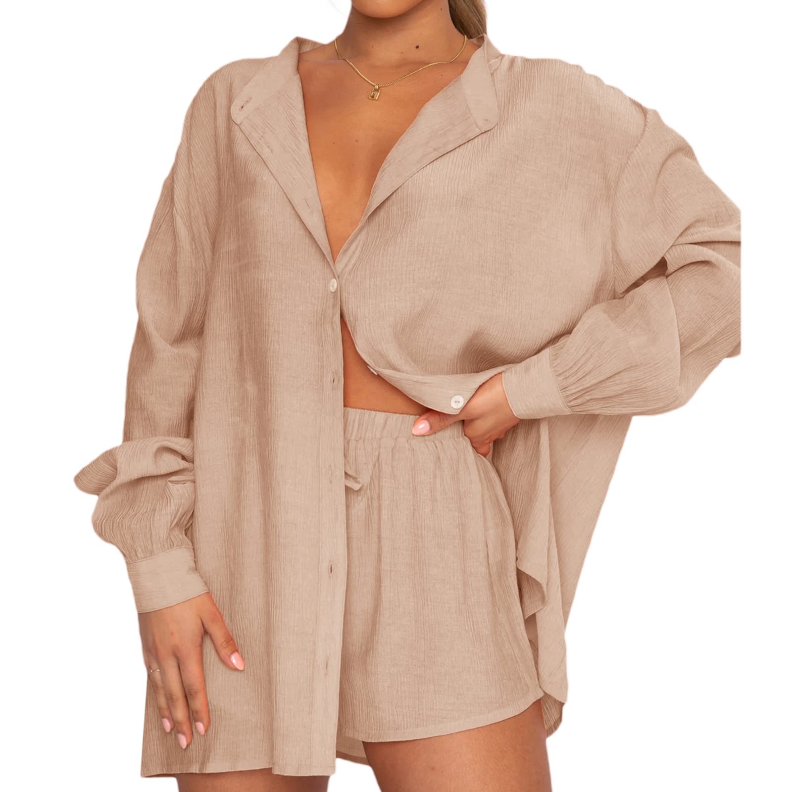 NUFIWI Women's Casual Two Piece Outfits Set - Oversized Long Sleeve Shirt & High Waist Shorts - Summer Tracksuit Loungewear for Home, Travel & Streetwear Fashion