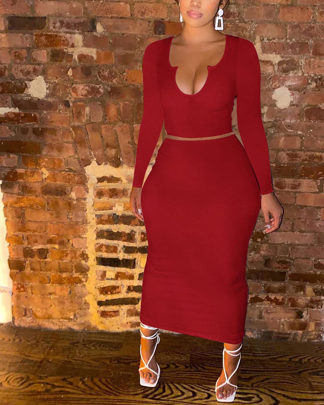 Sexy Women's Two-Piece Skirt Outfit - Long Sleeve/Sleeveless V-Neck Bodycon Ribbed Knit Maxi Dress for Club, Party & Evening Wear | Perfect for Date Night, Cocktail Events & Night Out