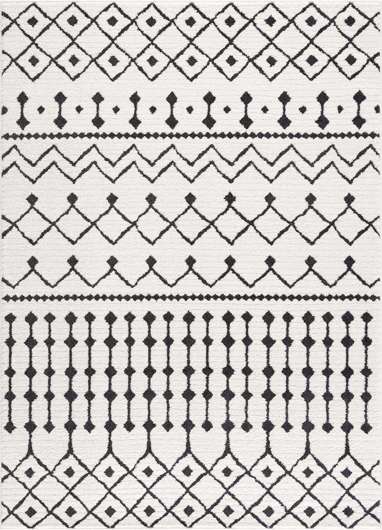 Bohemian Moroccan Geometric Shag Area Rug - High Pile Black & White Charcoal 5'3