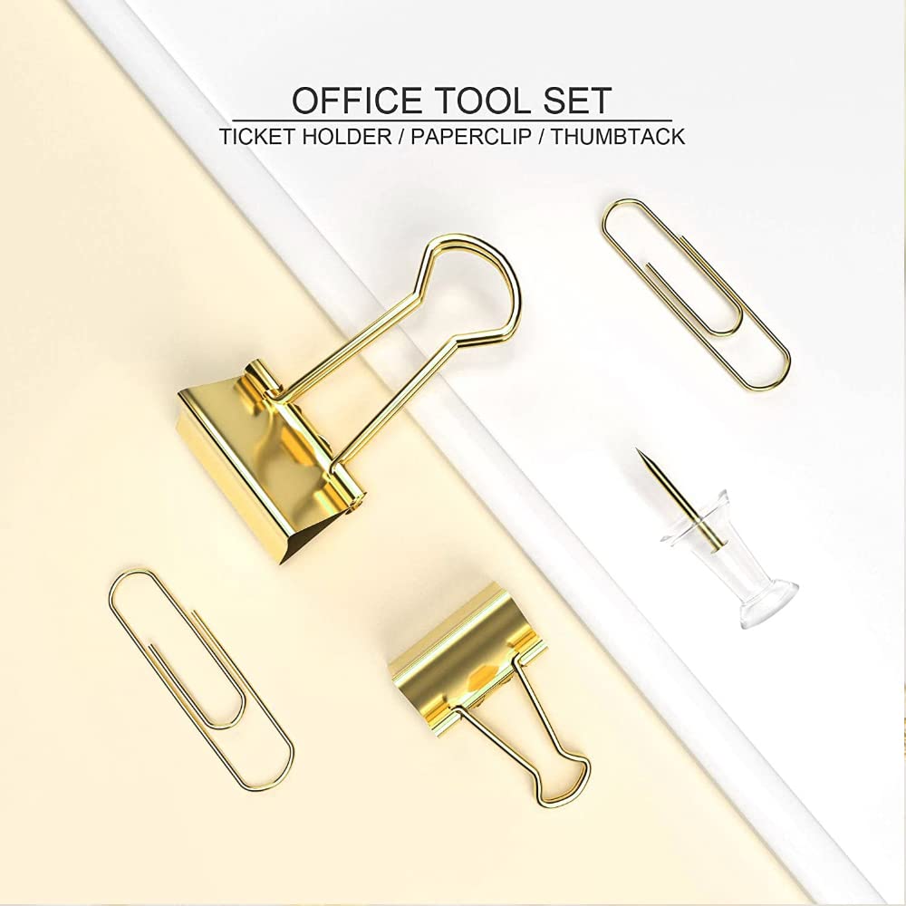 Premium Gold Paper Clips & Binder Clips Set - Assorted Metal Office Supplies with Push Pins - Elegant Desk Accessories for Organizing Documents, Photos & Notes - Perfect for Home Office, School & Workplace Organization