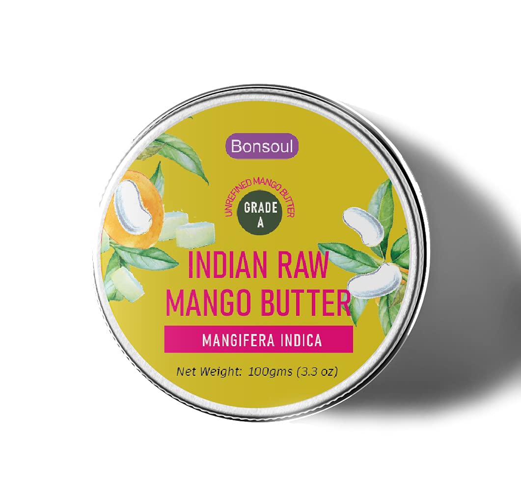 BONSOUL Organic Raw Unrefined Mango Seed Butter for Dry Skin - 100% Natural Hand & Body Moisturizer - 3.5oz Glass Jar - Perfect for DIY Skincare, Hair Care & Massage Therapy