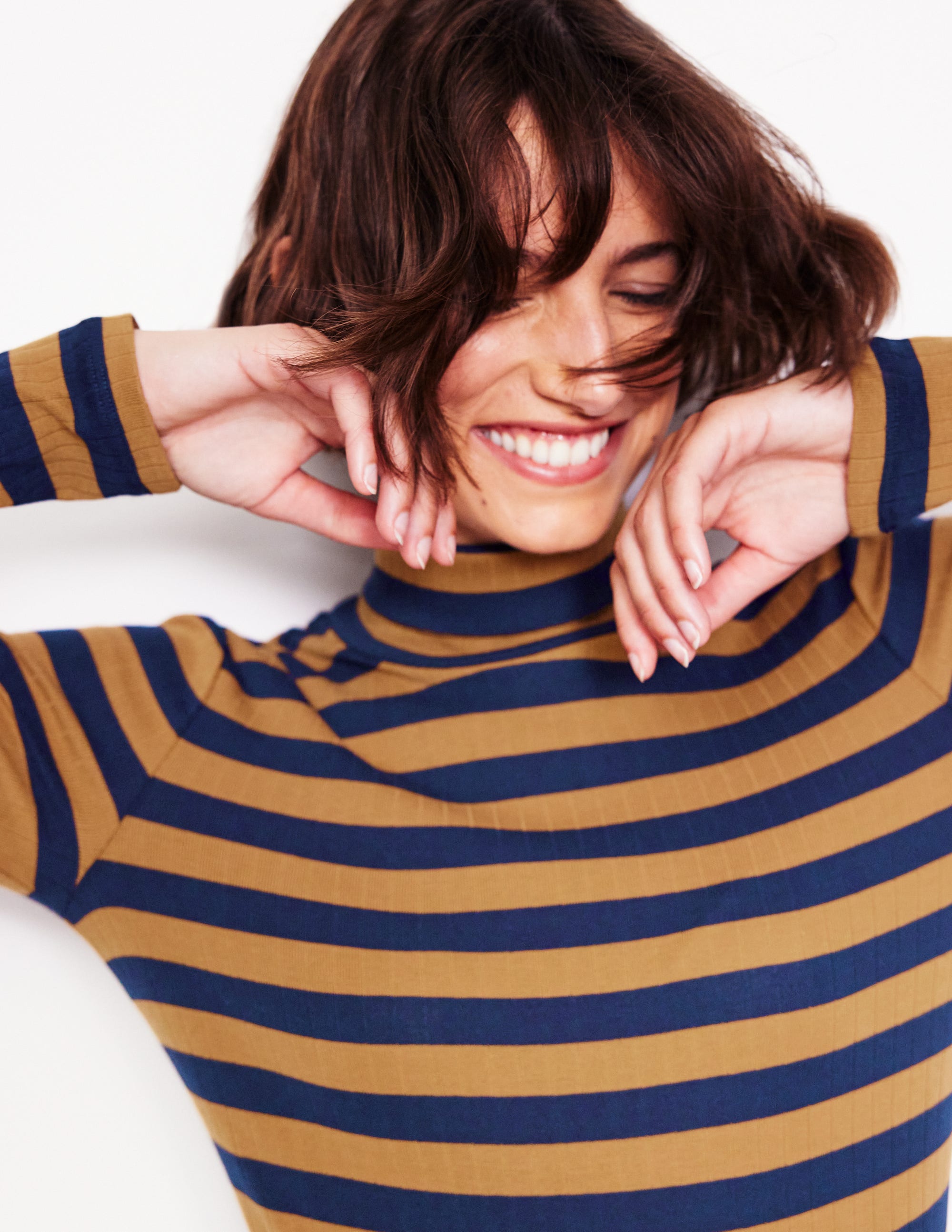 Anna Rib Roll Neck Top - French Navy & Camel - Women's Knit Sweater for Fall & Winter Fashion, Office Wear & Casual Outfits