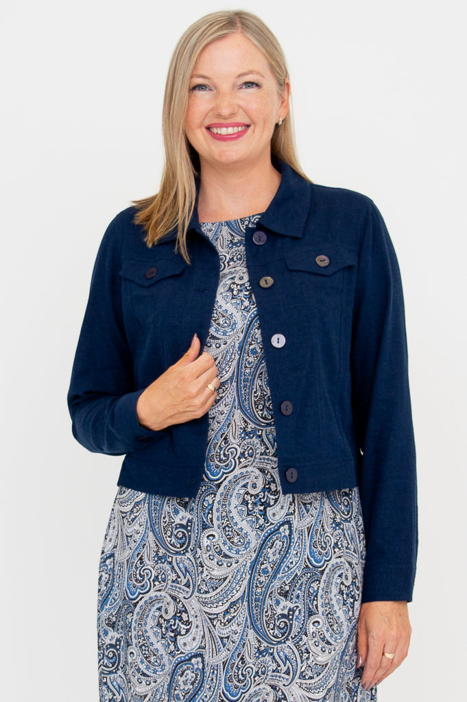 Colleen Jacket - Indigo Blue Linen Coat for Women | Lightweight Summer Outerwear for Casual Wear & Travel