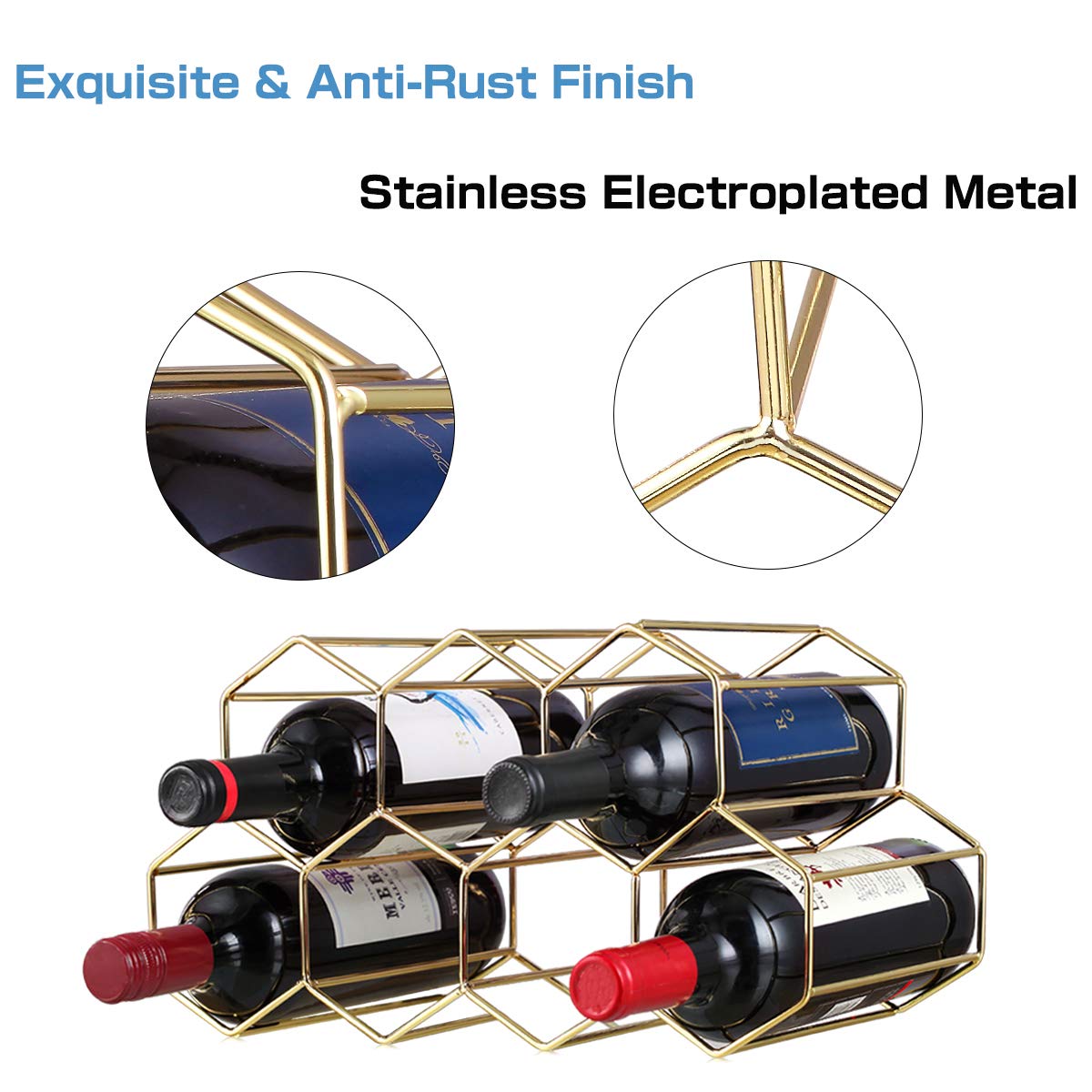 Buruis 9-Bottle Countertop Wine Rack - Honeycomb Metal Wine Holder & Organizer for Red & White Wines - Gold Kitchen Bar Essential for Home, Restaurant & Party Serving
