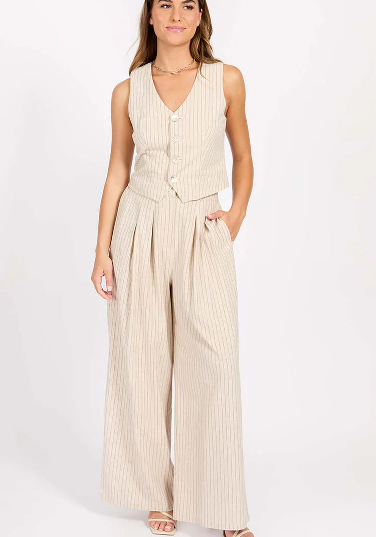 Logan Striped Linen Blend Waistcoat Vest for Men - Lightweight Summer Formal Wear (Oatmeal/Black) | Perfect for Weddings, Business Meetings & Office Outfits