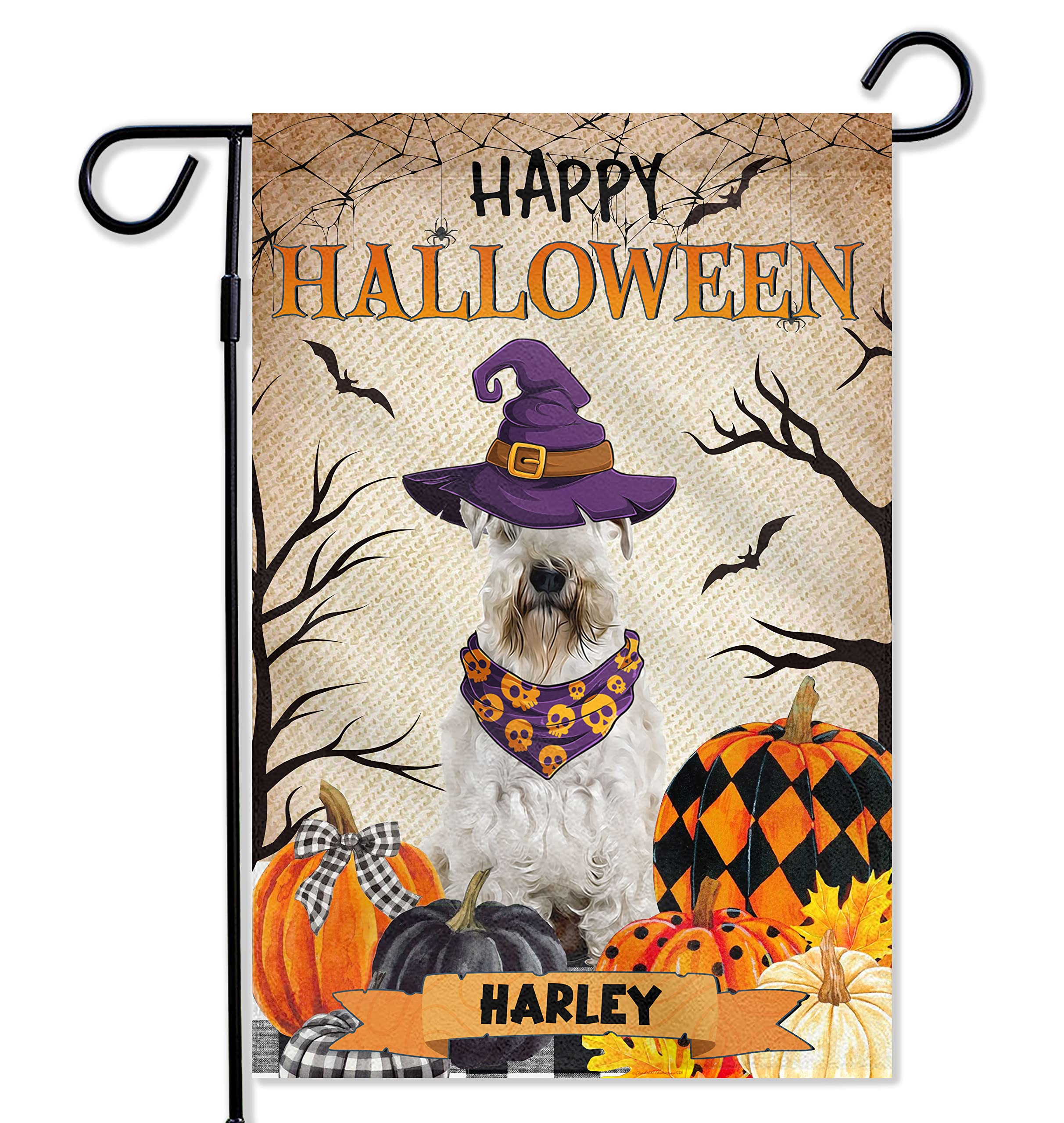Personalized Soft Coated Wheaten Terrier Halloween Garden Flag - Double Sided Burlap Buffalo Plaid Yard Sign with Spooky Pumpkin Design (12.5x18 Inch) - Perfect for Outdoor Halloween Decorations, Front Porch Displays & Seasonal Yard Decor