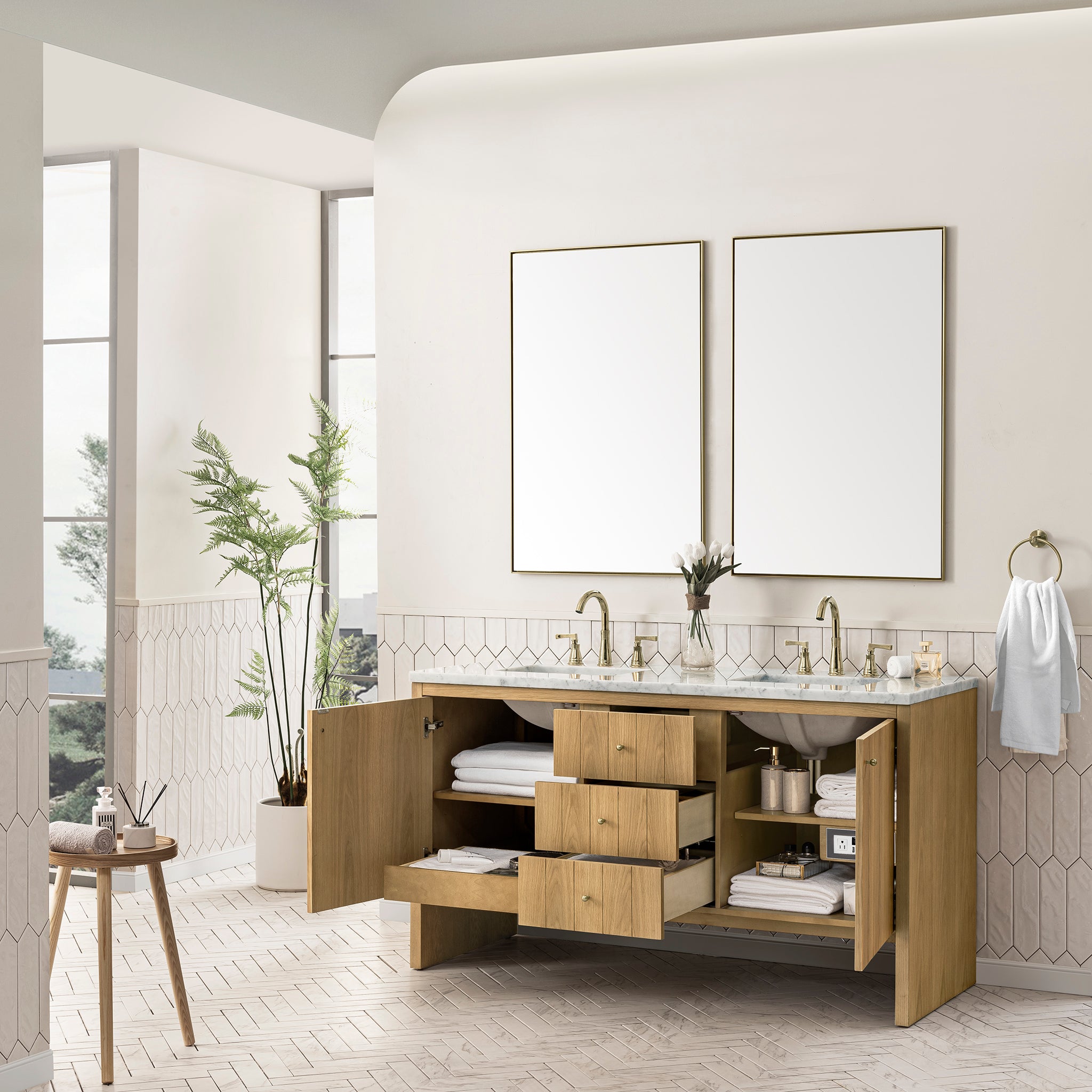 Hudson 60-Inch Double Vanity with Carrara Marble Top - Light Natural Oak Bathroom Vanity for Modern Homes | Perfect for Master Bathroom Renovation & Guest Bathroom Upgrade
