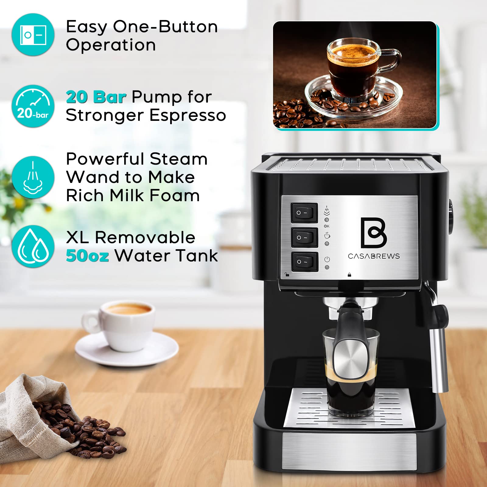 **Casabrews Espresso Coffee Machine with Milk Frother Wand - 15 Bar Pump Pressure, Detachable Water Tank, Professional Barista & Home Use - Perfect for Lattes, Cappuccinos & Cafe-Style Drinks (Black/Silver)**