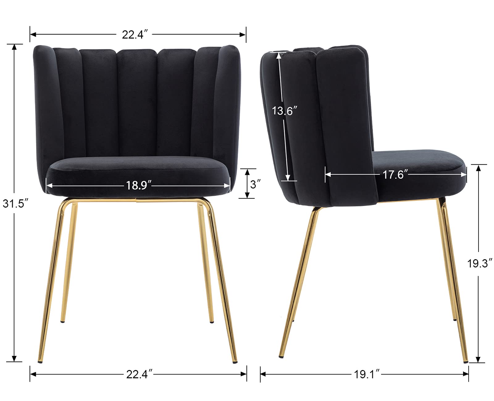 Velvet Barrel Dining Chairs Set of 2 - Modern Upholstered Accent Chairs with Gold Metal Legs for Kitchen, Living Room & Dining Room - Elegant Black Seating for Home Decor & Entertaining