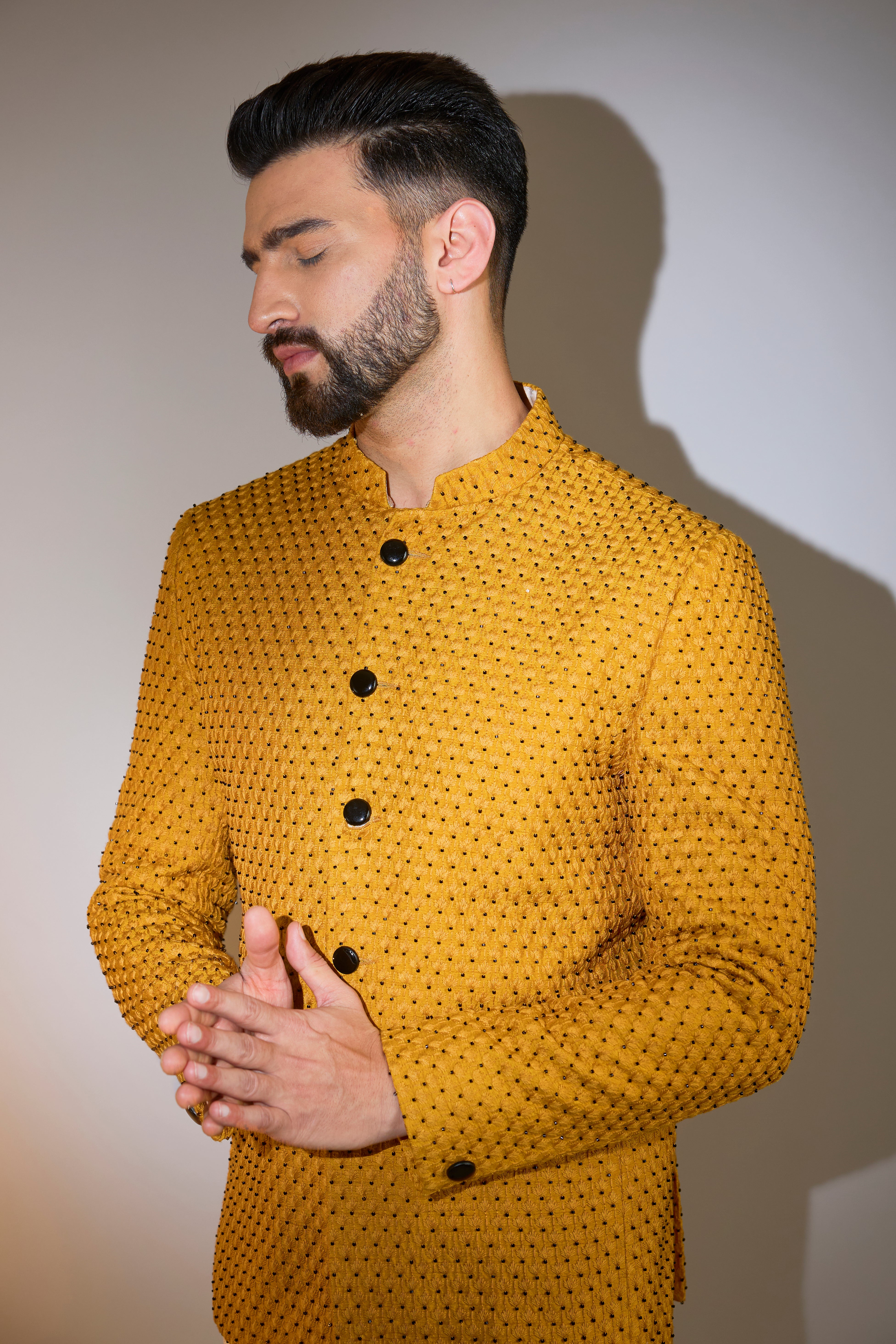 Exquisite Mustard Bandhgala with Intricate Cut Dana Embroidery - Perfect for Weddings, Festivals & Special Occasions