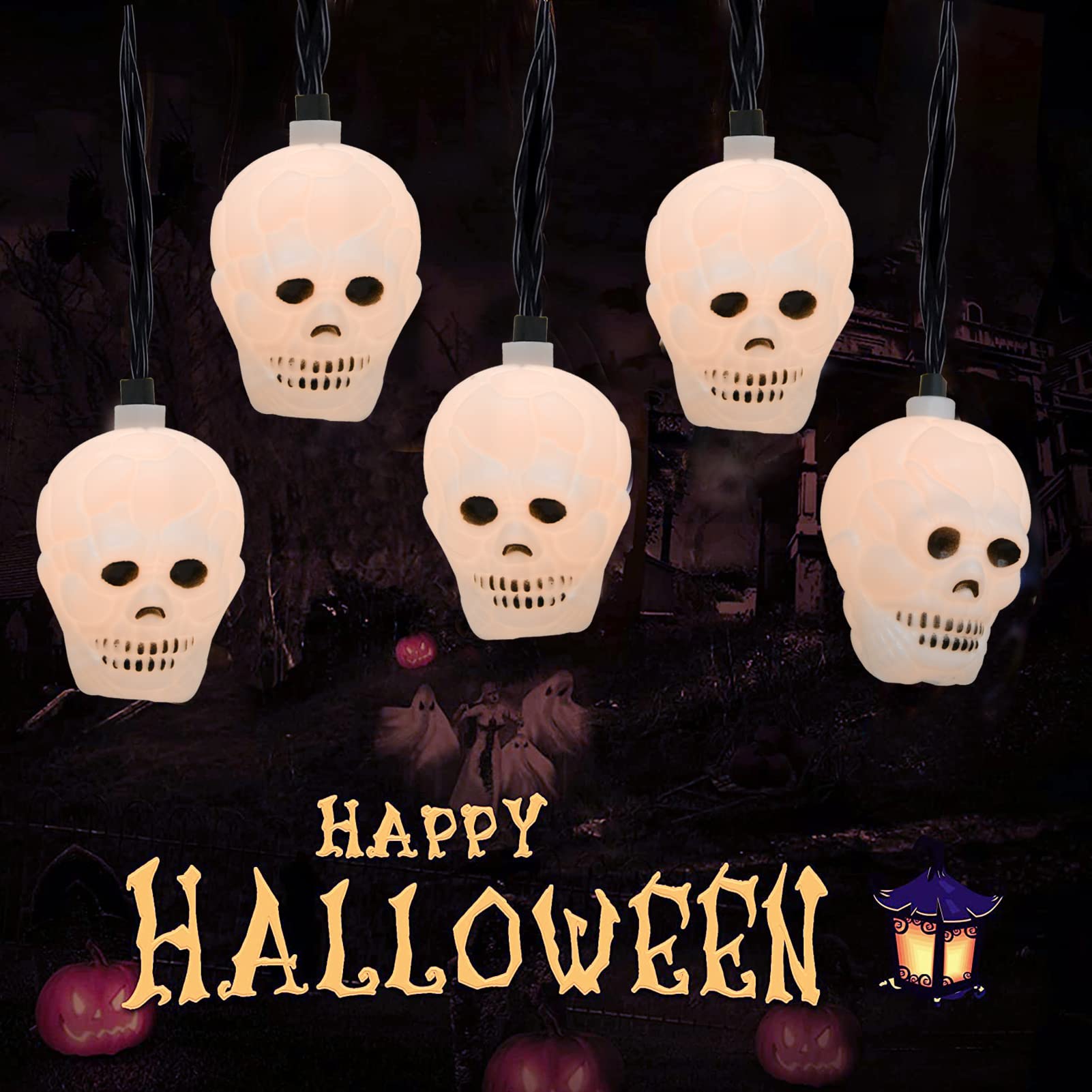 Halloween Skull String Lights - 8.5Ft Skeleton Decoration with 10 Waterproof Incandescent Bulbs for Indoor & Outdoor Halloween Party Decor | Perfect for Porch, Yard, Haunted House & Spooky Events (Black Wire)