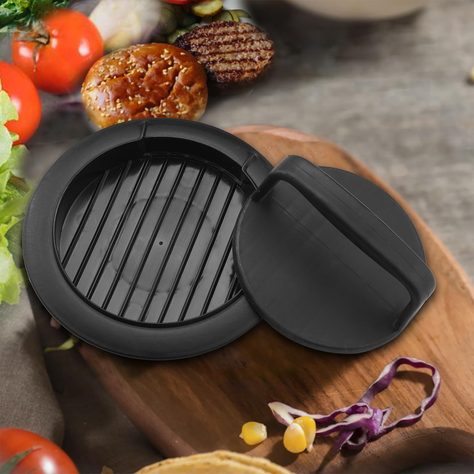 Non-Stick Hamburger Patty Press Maker - Round Stuffed Burger Press Mold for Grilling, BBQ & Homemade Beef, Sausage & Veggie Burgers - Perfect Kitchen Gadget for Backyard Cookouts & Camping (1 Pack, Black)