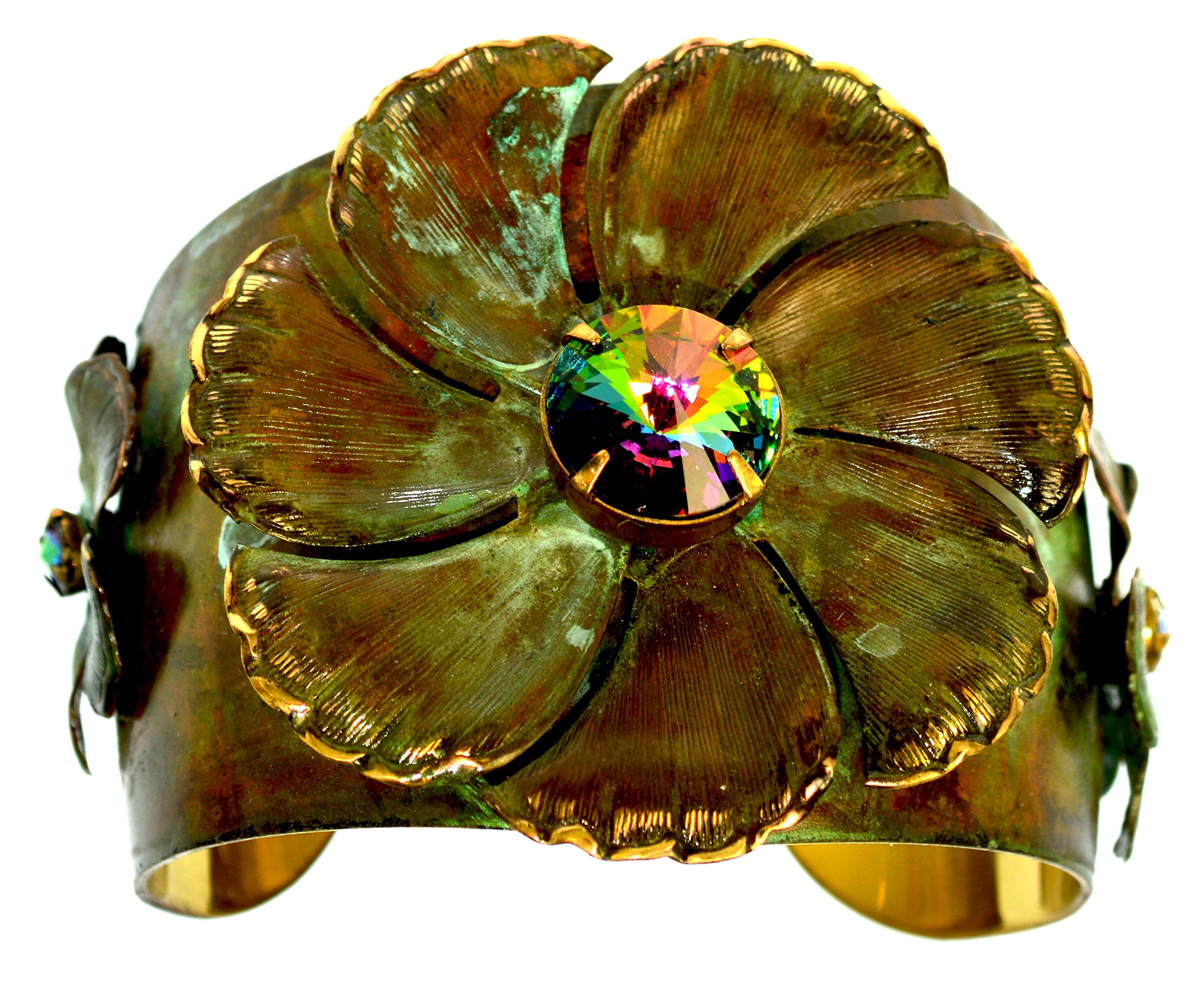 Olive Patina Large Pansy Flower Tapered Cuff Bracelet with Swarovski Crystals - Elegant Boho Jewelry for Women, Perfect for Weddings, Parties & Special Occasions