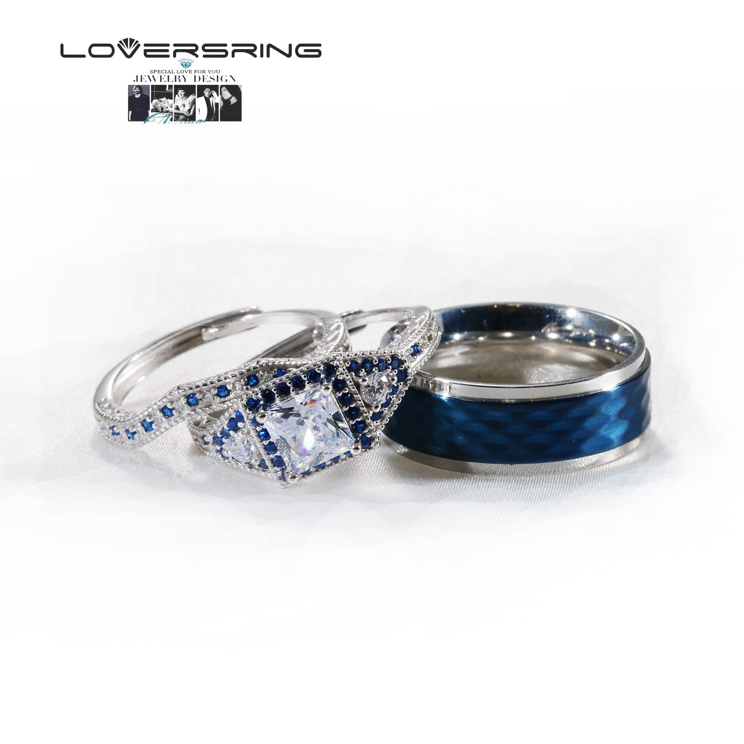 Adjustable Wedding Ring Sets for Couples - His & Hers Matching Promise Rings in 925 Sterling Silver & Titanium, Square CZ Bridal Bands - Perfect for Engagements, Anniversaries & Romantic Gifts