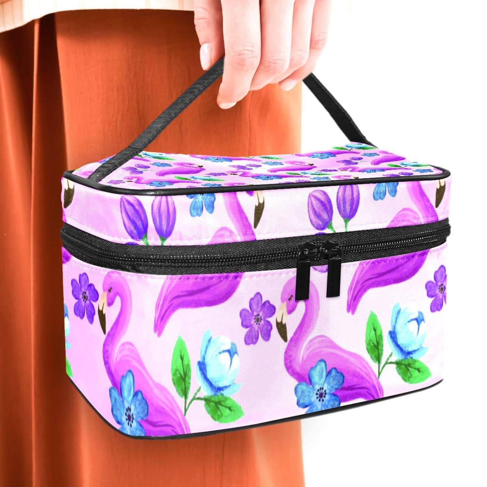 Portable Travel Makeup Organizer Bag for Women - Cosmetic Case with Flamingo Flower Design, Perfect for Toiletries & Beauty Essentials on the Go - Ideal for Vacation, Gym, and Daily Use
