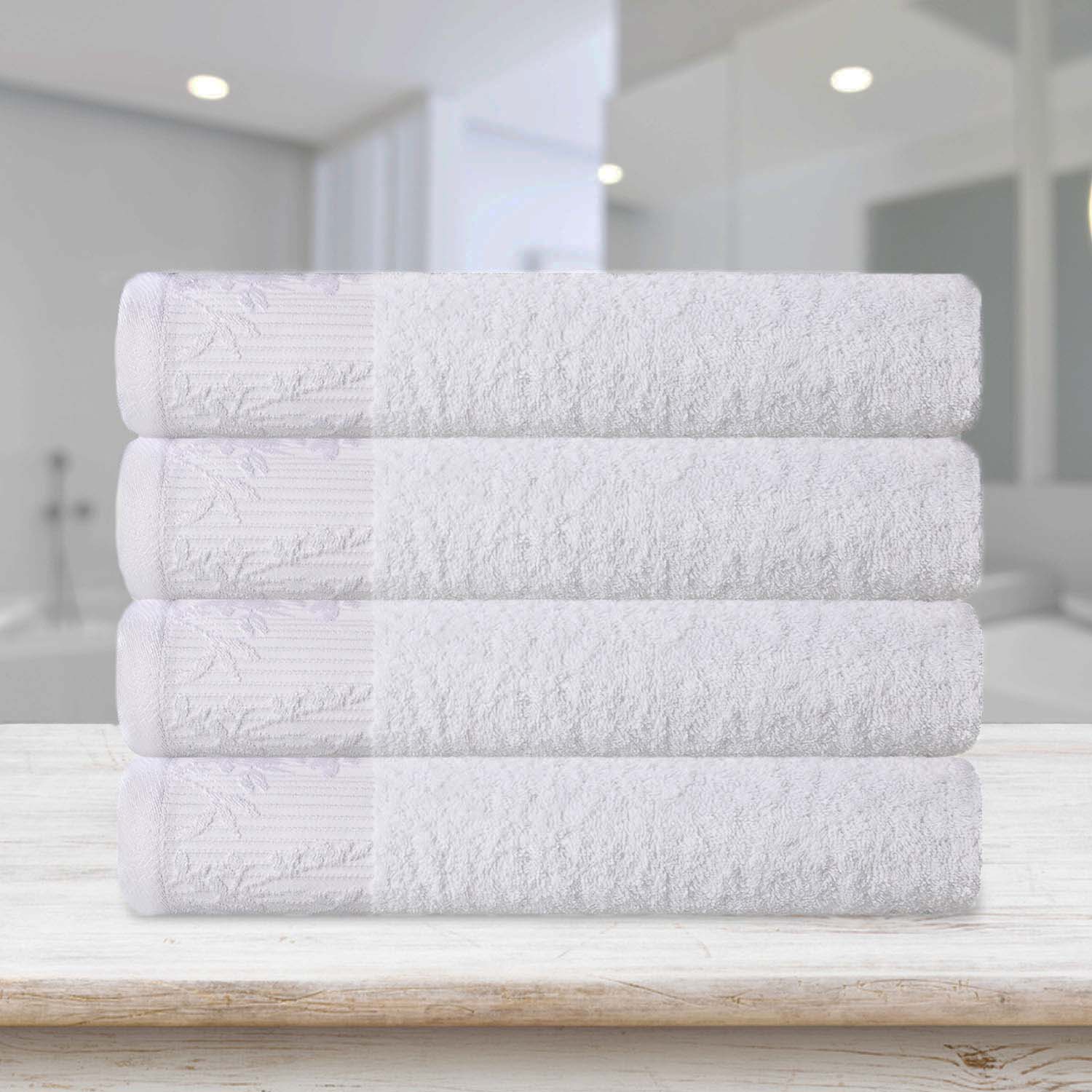 Premium Wisteria Cotton Floral Embroidered Jacquard Border Bath Towel Set of 4 - Ultra Soft & Absorbent Luxury Towels for Spa, Bathroom & Guest Use