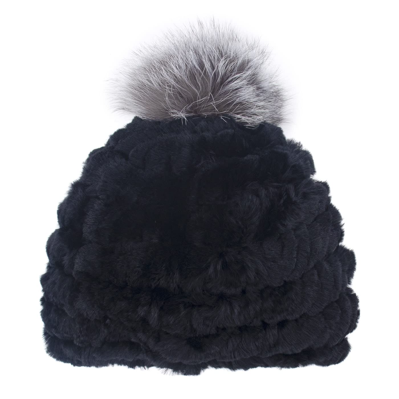 Surell Rex Rabbit Fur Knit Beanie with Fox Fur Pom - Ultra Warm Winter Hat for Women & Men - Perfect for Skiing, Snowboarding & Cold Weather Fashion