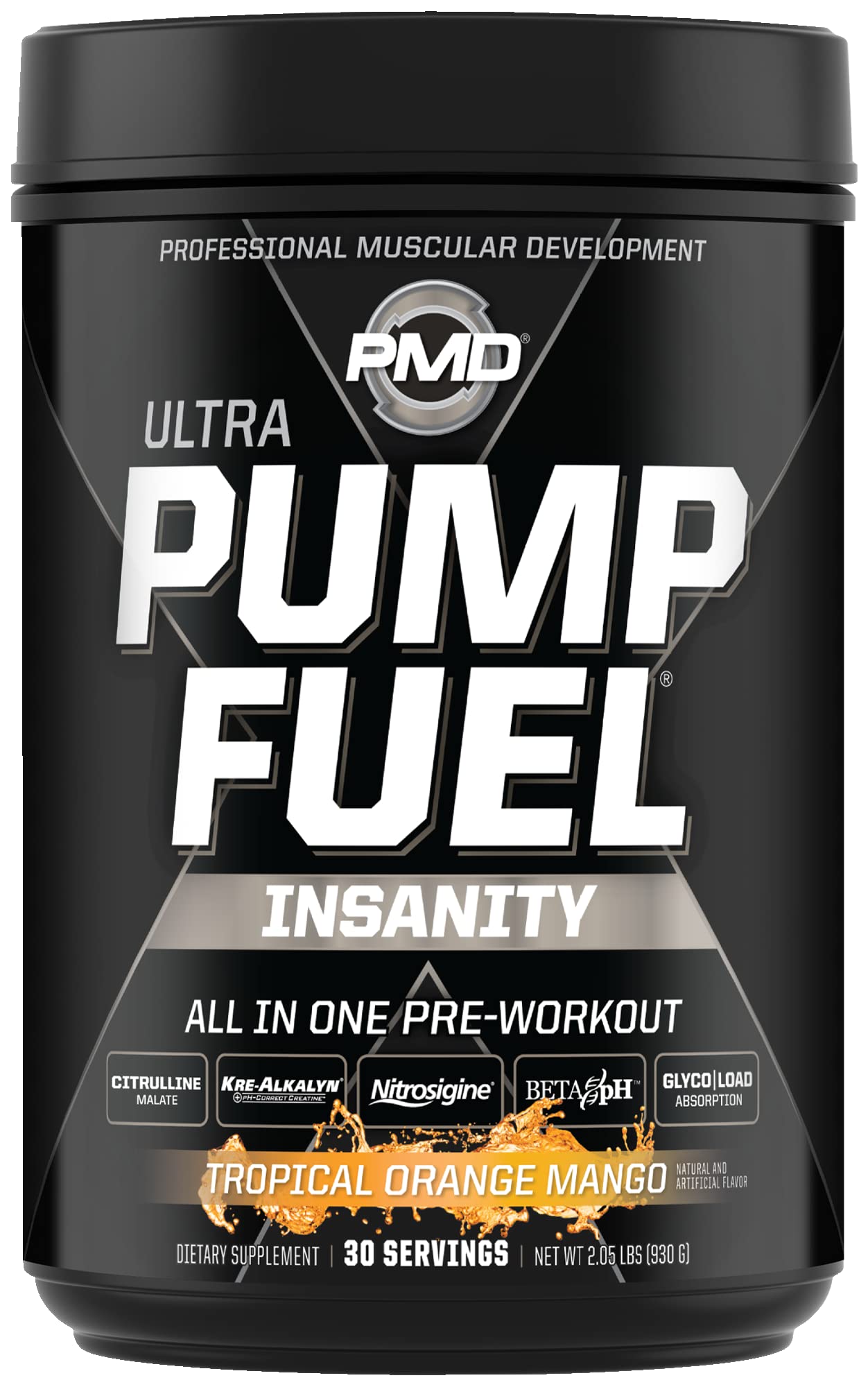 PMD Sports Ultra Pump Fuel Insanity Pre Workout Powder - Energy & Endurance Booster with Amino Acids & Carbs for Gym, Running & Fitness - Tropical Orange Mango Flavor (30 Servings) - Ideal for Pre-Workout, Bodybuilding & Athletic Performance