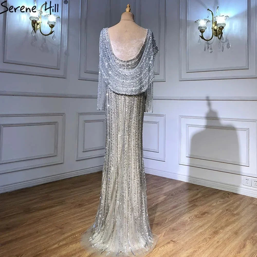 Elegant Silver Mermaid Evening Dress with High Slit & Beaded Details - Luxury Women's Party Gown for Prom, Wedding & Formal Events - Serene Hill Collection LA70752L