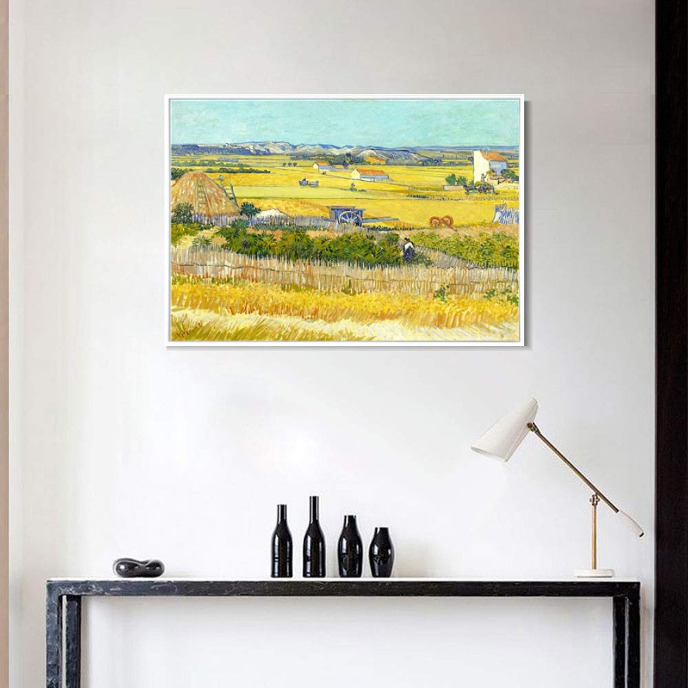 INVIN ART 100% Hand Painted Framed Canvas - Van Gogh Harvest Landscape with Blue Cart Oil Painting Reproduction, 28x40 Inch Modern Wall Art Decor (White Slim Frame) | Perfect for Living Room, Bedroom & Office Decor