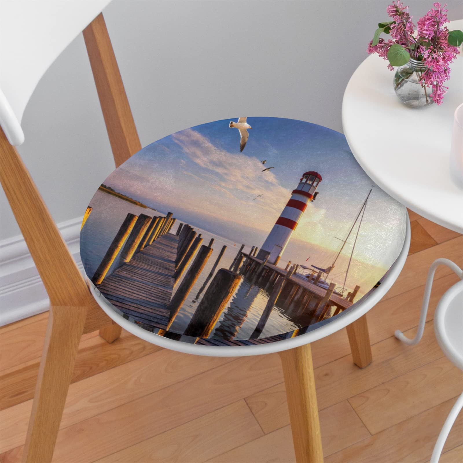 Lighthouse Sunset Sea Gulls Round Chair Pad - Non-Slip Comfortable Seat Cushion for Car, Garden, Patio, Home, Kitchen, Bar Stool & Office Chair - Perfect for Indoor and Outdoor Relaxation
