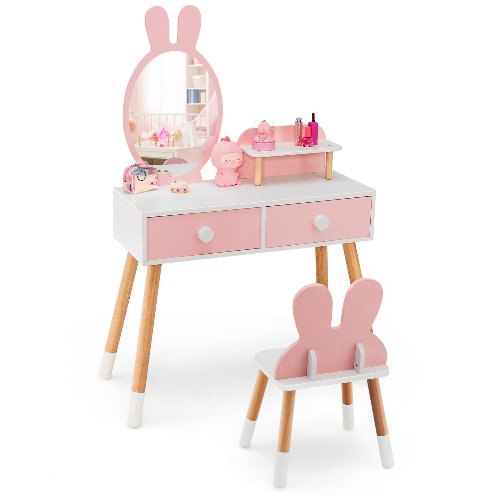 HONEY JOY Kids Vanity Set - Rabbit Themed Wooden Makeup Table & Chair with 2 Large Drawers, Beech Wood Legs, Princess Dressing Beauty Table for Girls - Pink Vanity with Mirror & Stool | Perfect for Bedroom Decor, Birthday Gifts & Pretend Play