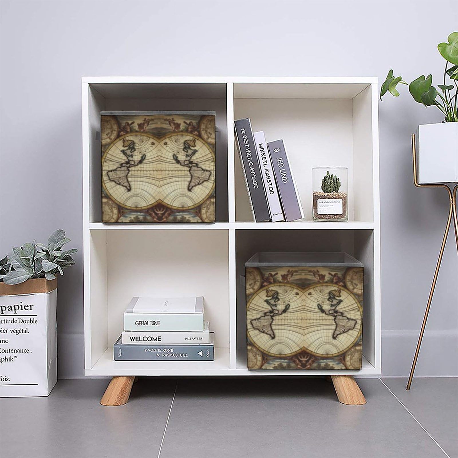 Collapsible Storage Cubes with Handles - 10.6×10.6 Inch Foldable Fabric Bins with Ancient World Map Print for Home Organization | Perfect for Closet, Nursery, Office & Toy Storage