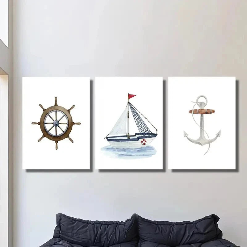 3-Piece Watercolor Style Sailboat Metal Print Art - Ready to Hang Wall Decor for Living Room, Bedroom & Office