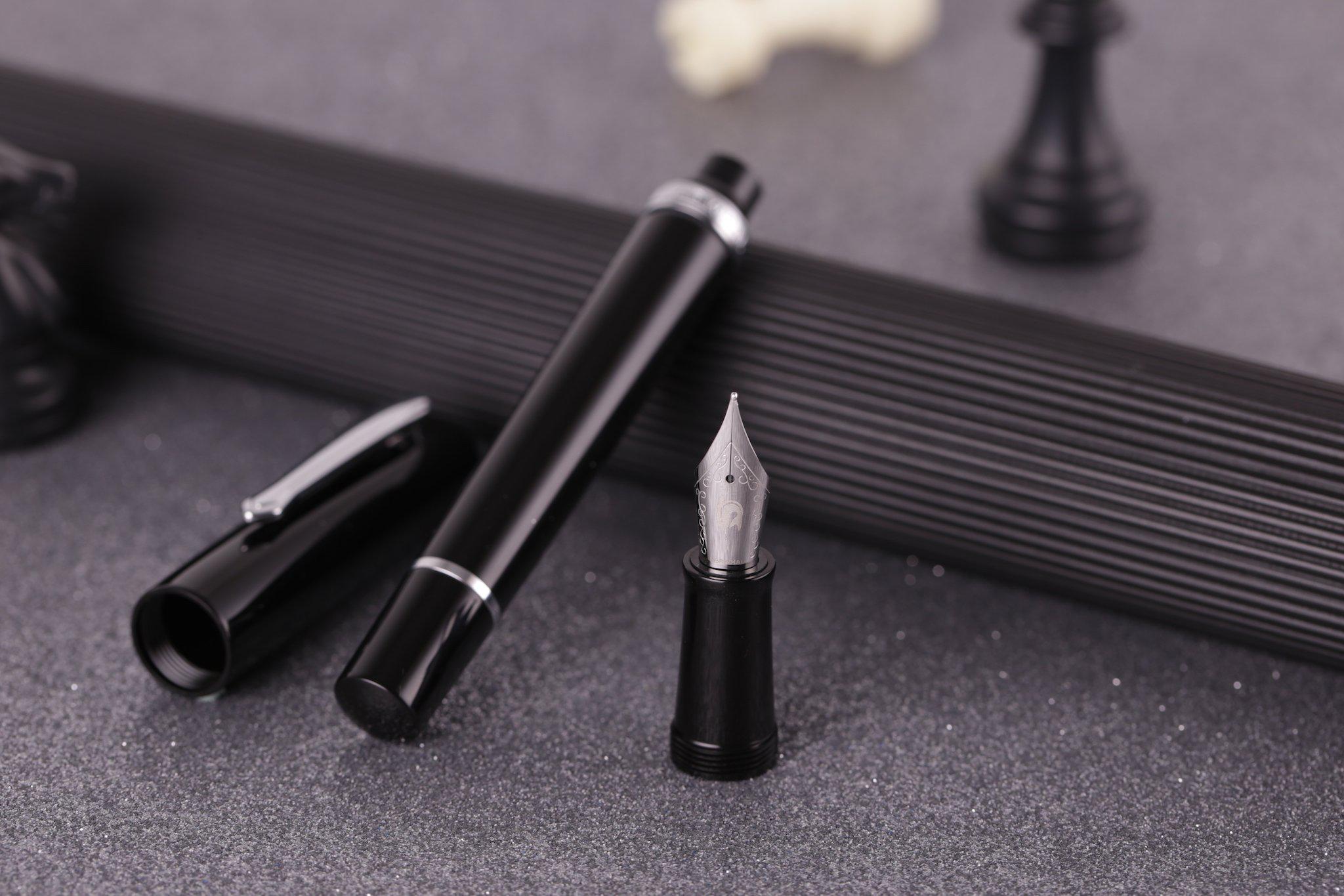 Nahvalur (Narwhal) Original Black Fountain Pen with Premium Leather Pen Sleeve - Luxury Writing Instrument for Professionals, Calligraphy & Gift Giving